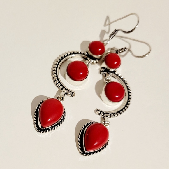 Natural Italian Red Coral 925 Silver Earrings - 3" - Picture 6 of 7
